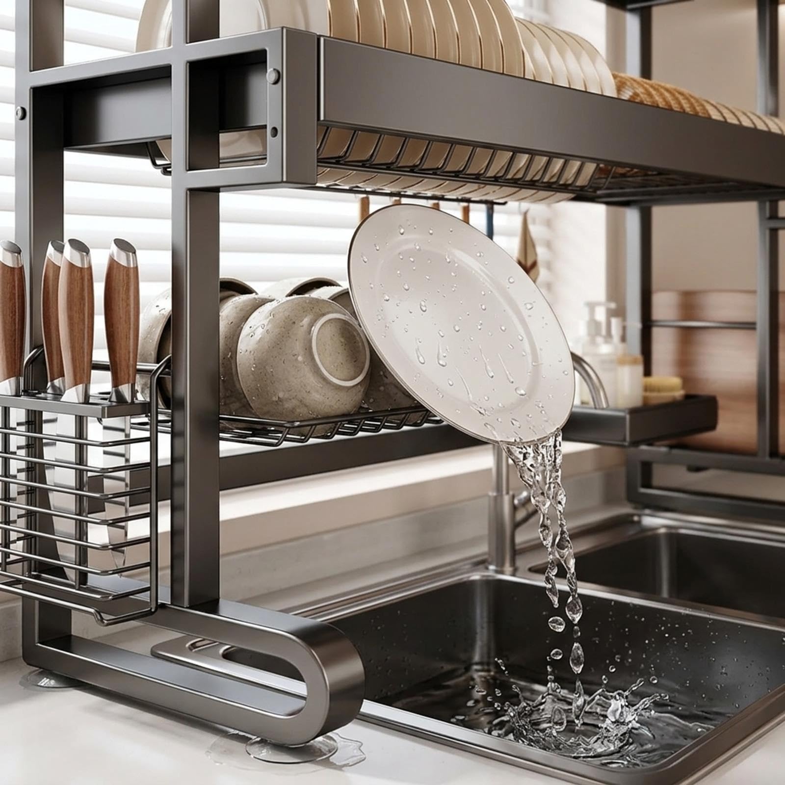 Escurrecubiertos de Cocina para Fregadero | Estante de 2 pisos en acero inoxidable y organizador ahorrador de espacio(Silver,34"/86cm)