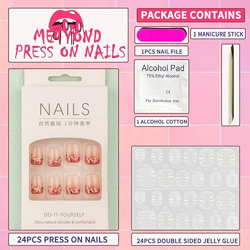 Miniatura 2 de Uñas postizas cuadradas cortas con diseños de flores simples, uñas postizas de verano, uñas postizas de cobertura completa, acrílicas, nude, uñas