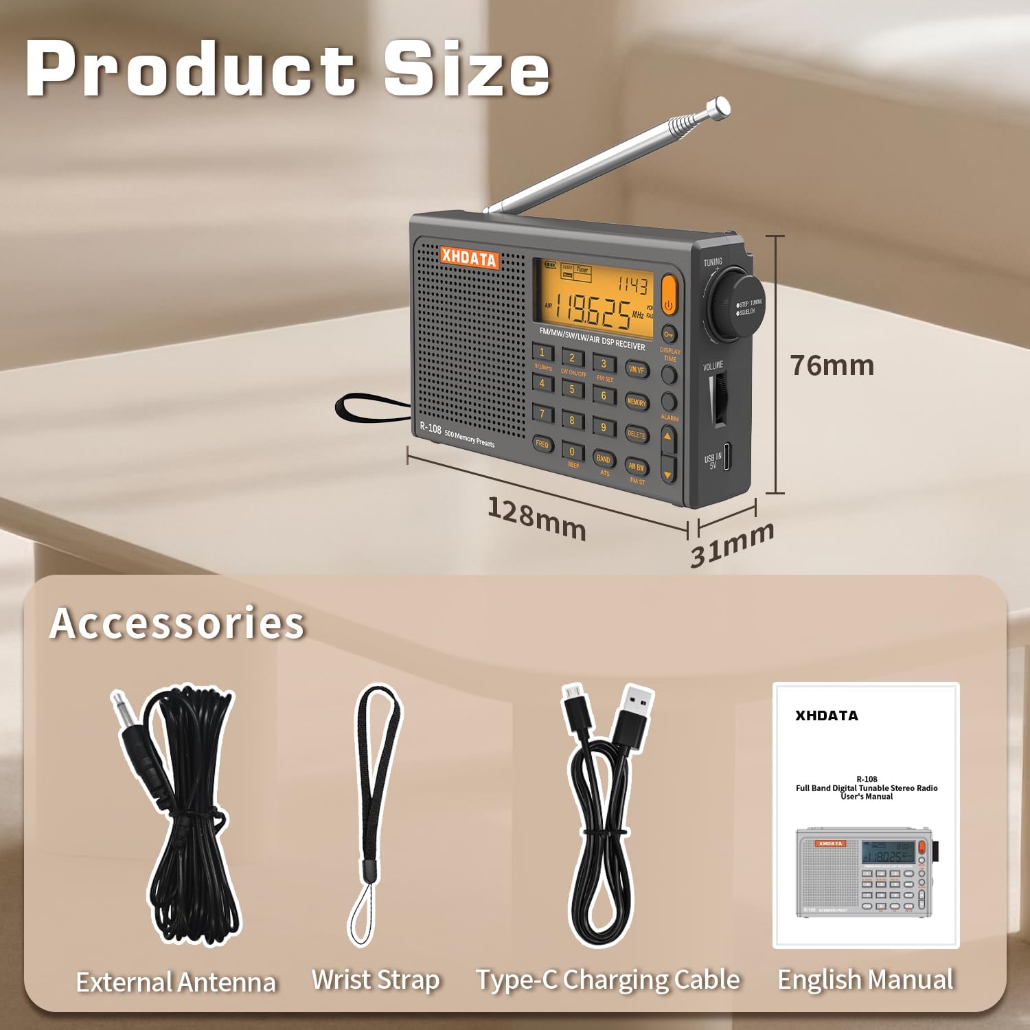 XHDATA R108 Portable Radio AM/FM/SW/LW/Airband Shortwave Radio Receiver Battery Operated with Good Reception, Great Sound Speaker Stereo Alarm Clock External Antenna (Grey)