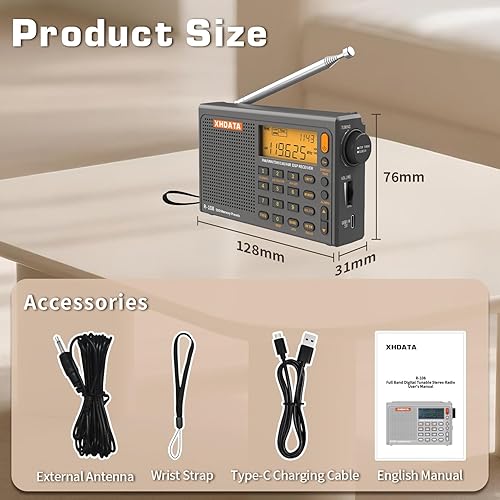 Miniatura 6 de XHDATA R108 Radio portátil AMFMSWLWAirband Receptor de radio de onda corta con batería con buena recepción, gran altavoz de sonido estéreo