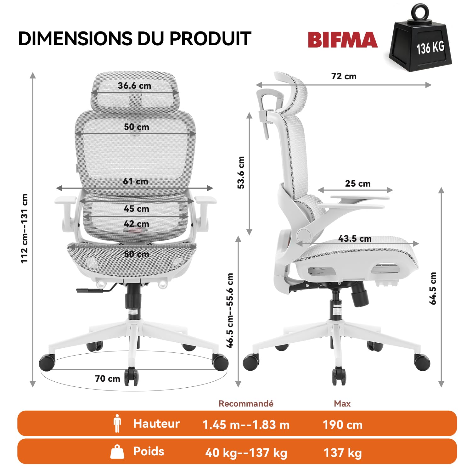 SIHOO B100 Chaise de Bureau Ergonomique Maille Respirante Support Lombaire Inclinaison 90-135° Gris Blanc
