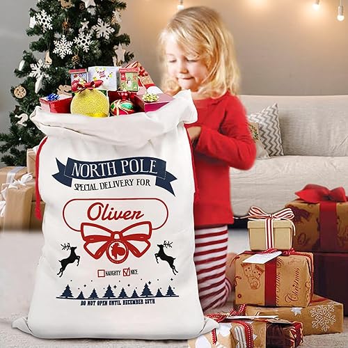 Miniatura 6 de HUTARIO Bolsas de regalo de Navidad con nombre personalizado, saco de Papá Noel con cordón de 20 x 32 pulgadas, impresión de doble cara, paquete de