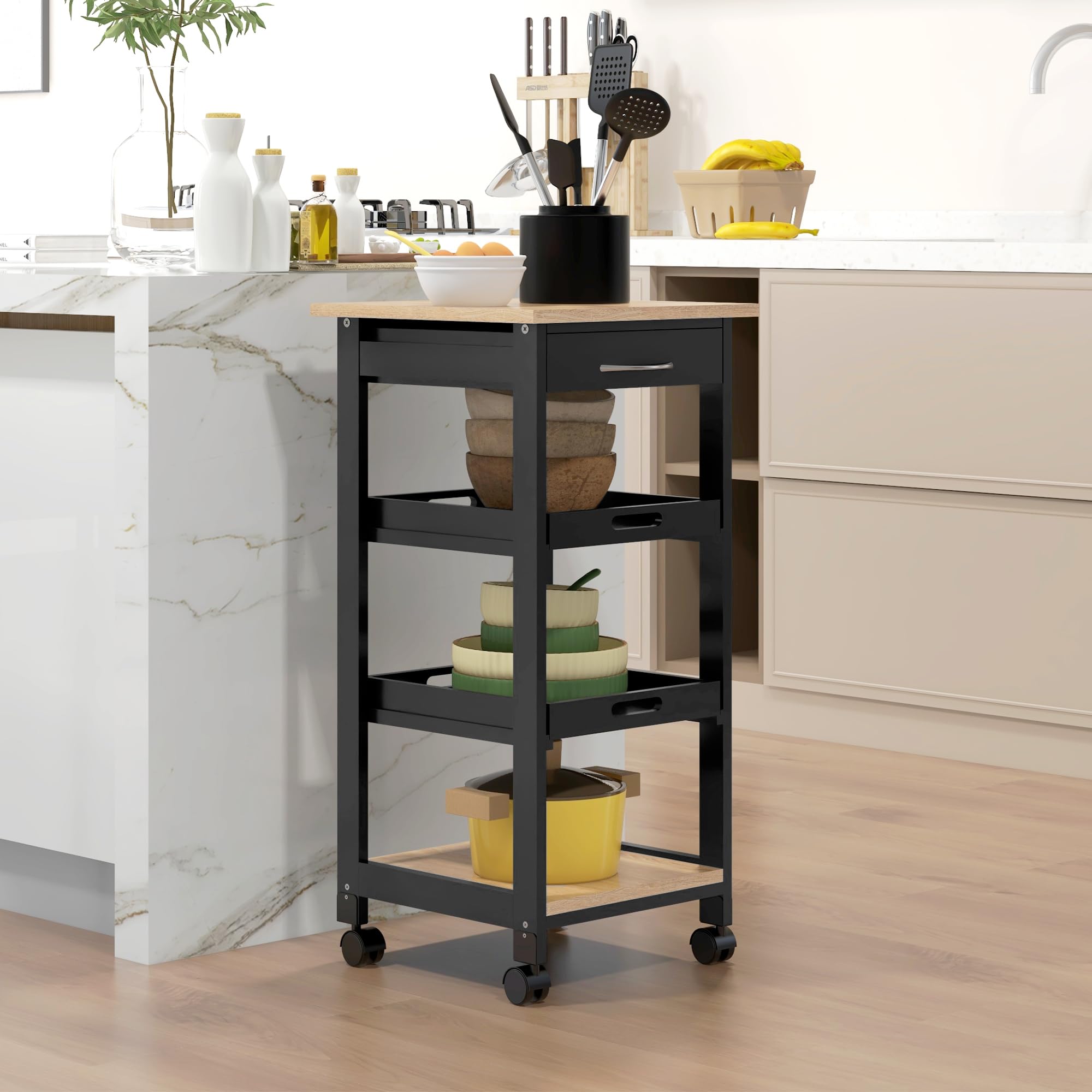 HOMCOM Carro de servicio de cocina con ruedas 2 bandejas extraíbles cajón, estante roble claro madera pino negro | Postre de cocina, 2 bandejas extraíbles, madera de pino