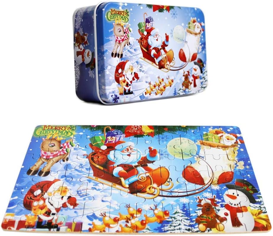 OJIN 60 Pieces Wooden Jigsaw Puzzle Merry Christmas Xmas Santa Claus Early Children Development Puzzle Wooden Cartoon Toys with Metal Storage Box (60 Piezas)