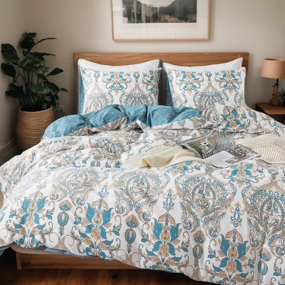 AShanlan Boho Bettwäsche 220x240 Baumwolle Weiß mit Blau Paisley Bettbezug 3teilig Bohemian Style Blumen Angenehme Vintage Muster Wendebettwäsche und 2 Blümchen Kissenbezüge 80x80 mit Reißverschluss