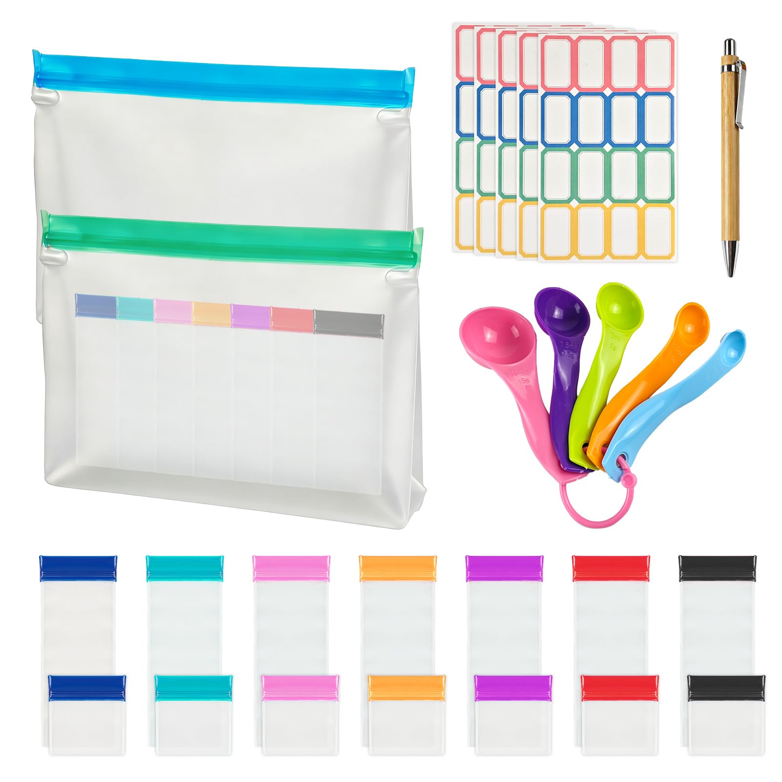 CTYUEYUN Proteinpulver Reisebox-Set 27 Stück Kunststoff-Behälter | Für Nahrungsergänzungsmittel zum Mitnehmen, Wasserdicht und Tragbar, Nachfüllbar, Mit Inhaltsschaufel und Bunten Etiketten