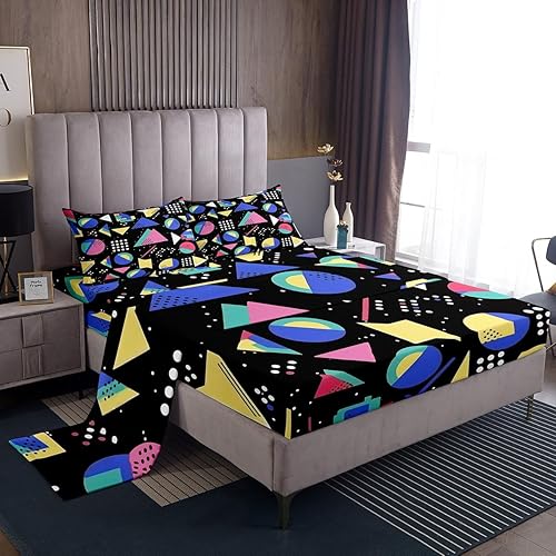 Memphis - Juego de sábanas de estilo matrimonial con diseño abstracto colorido con puntos, para niños y niñas, vintage de los ochenta, sábana bajera