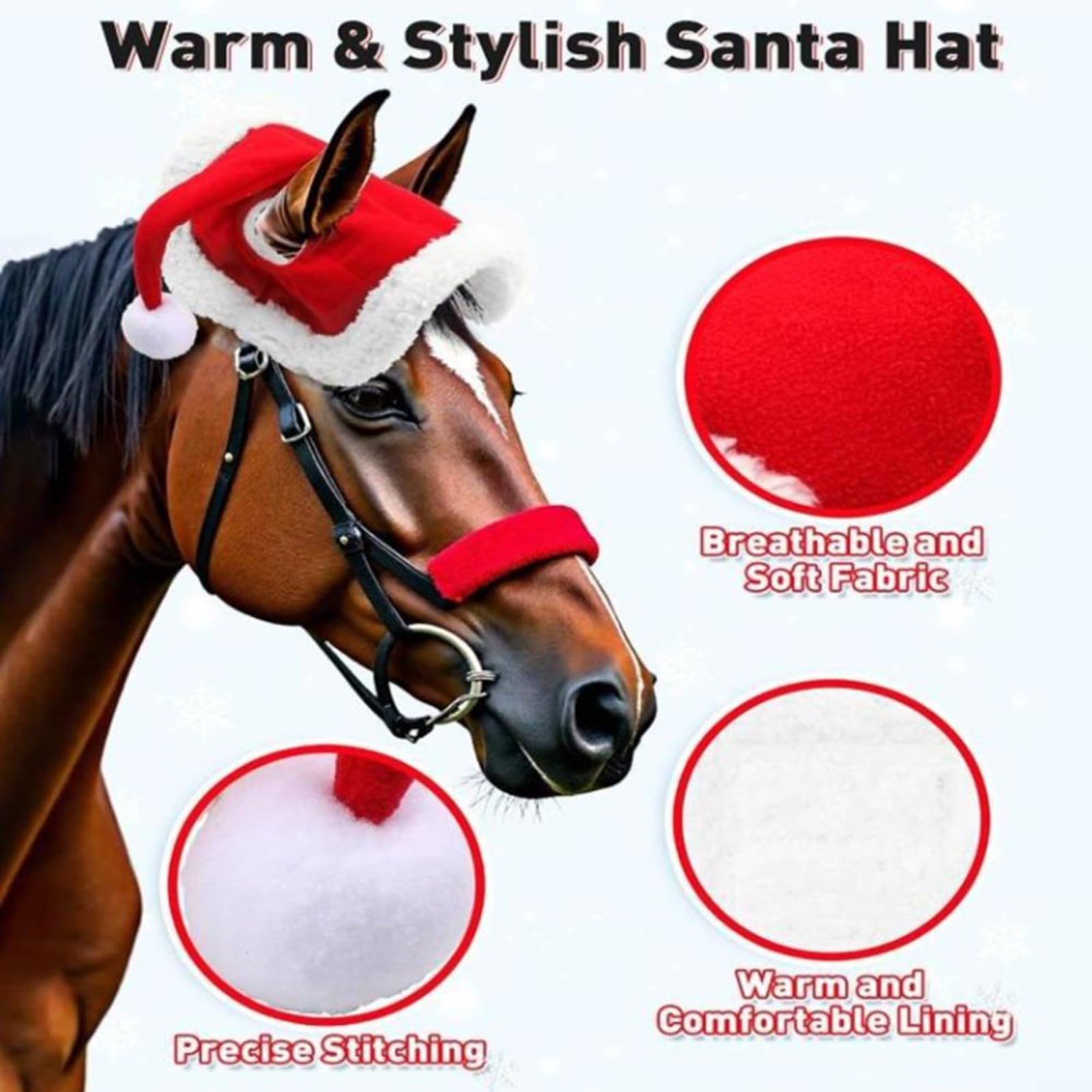 Juego de disfraz de caballo de Navidad de 6 piezas con sombrero de Papá Noel, almohadilla de forro polar rojo y vendas de piernas para desfiles de vacaciones y eventos ecuestres de invierno