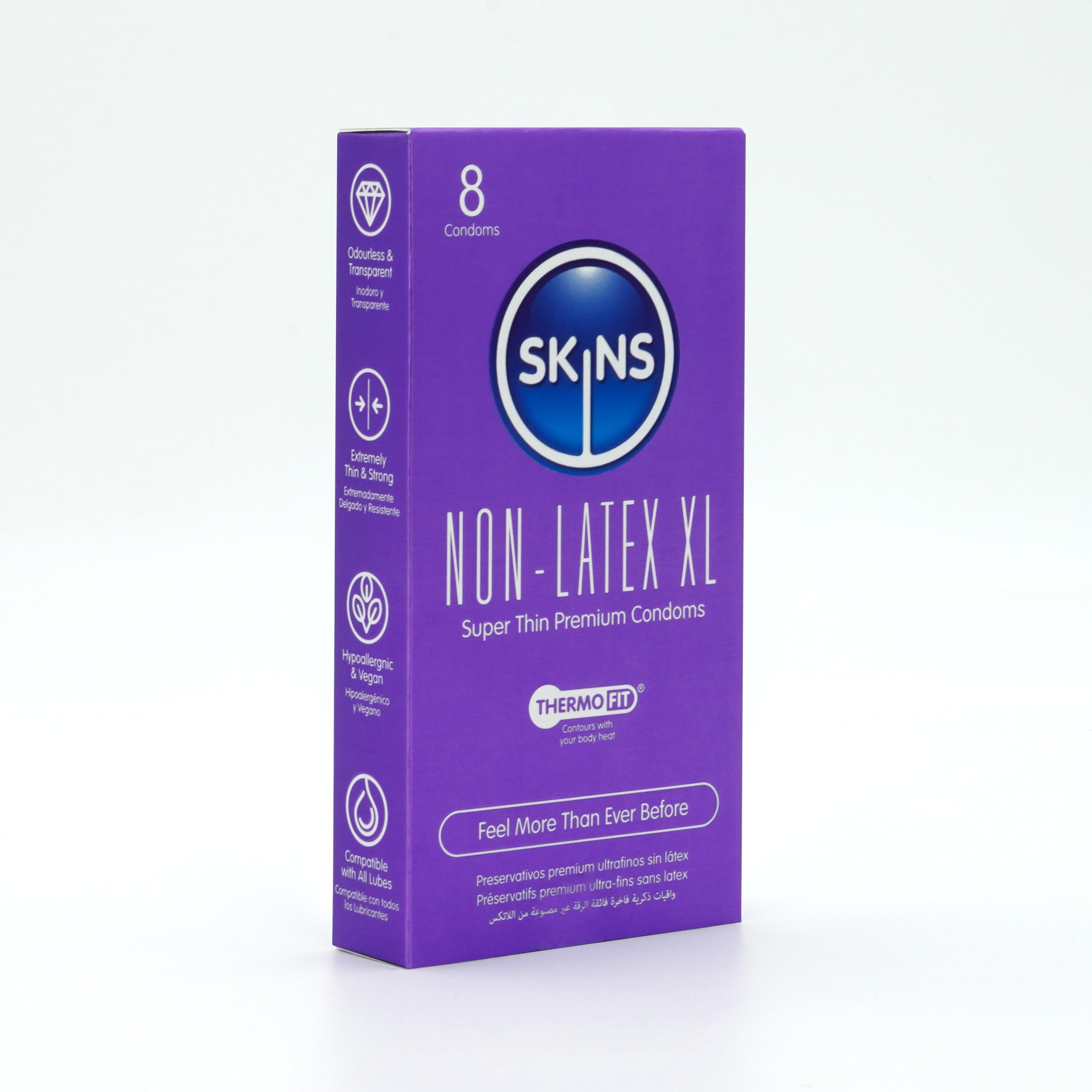 Non-Latex XL Condoms 8 Pack, Regular Size, Super Thin Strong Latex Free Condom for Men, Smooth Shape, Thermo Fit Technology, Ultra Thin Extra Large Condoms, Clear, Odourless, Hypoallergenic