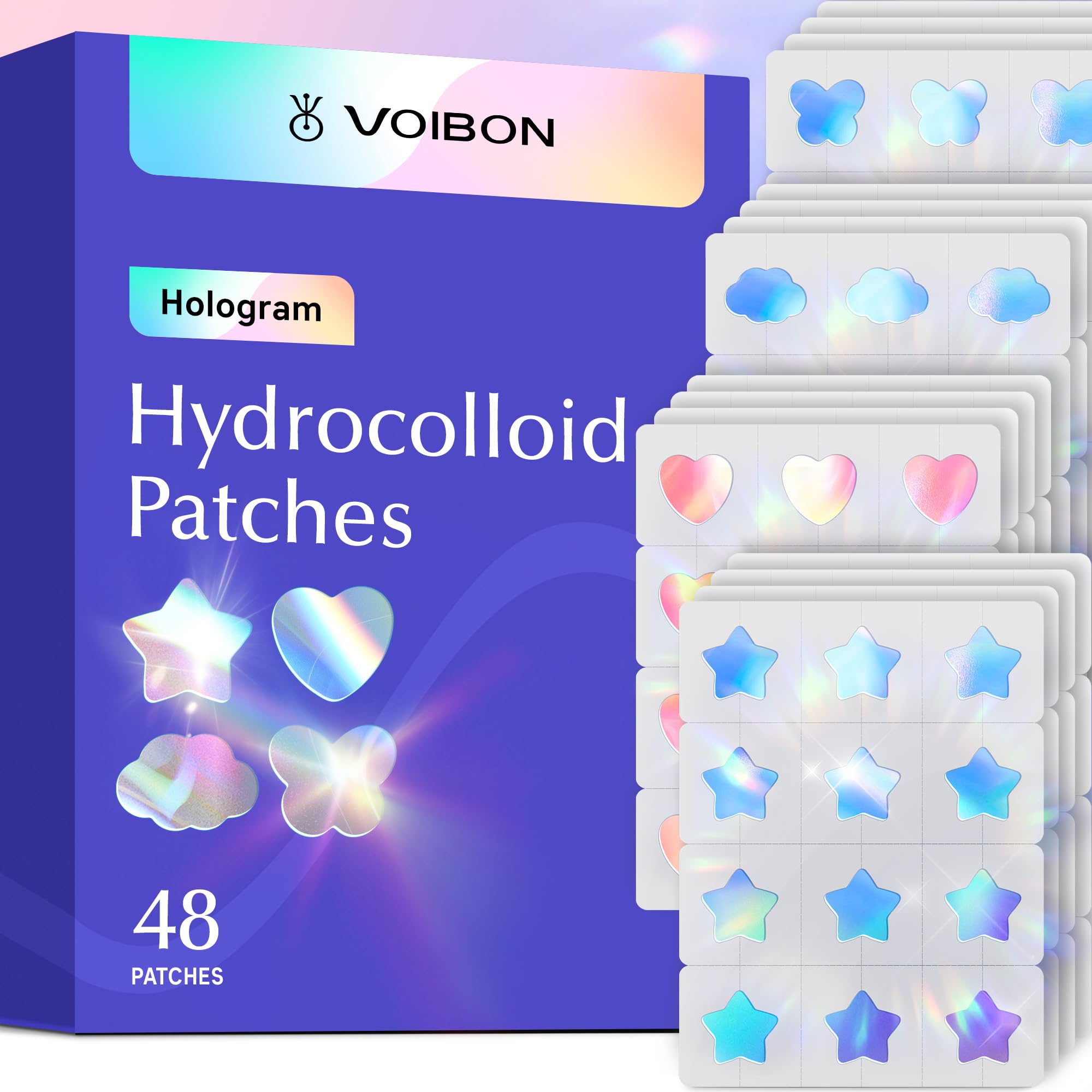 Voibon Hologram Pimple Patches for Face, Cute Hydrocolloid Acne Patches, Salicylic Acid & Tea Tree Colorful Star Spot Stickers,Zits & Blemish,Pink Heart Blue Cloud Butterfly Zit Patches 12MM(48 Count)