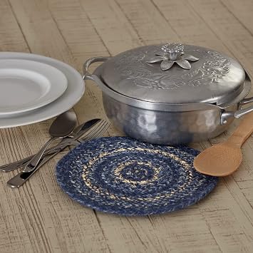 VHC Brands Great Falls Blue Trivet Hot Pad for Pots Pans, Blue White, Jute Blend, Round Circle, 8 Inches