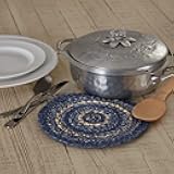 VHC Brands Great Falls Blue Trivet Hot Pad for Pots Pans, Blue White, Jute Blend, Round Circle, 8 Inches