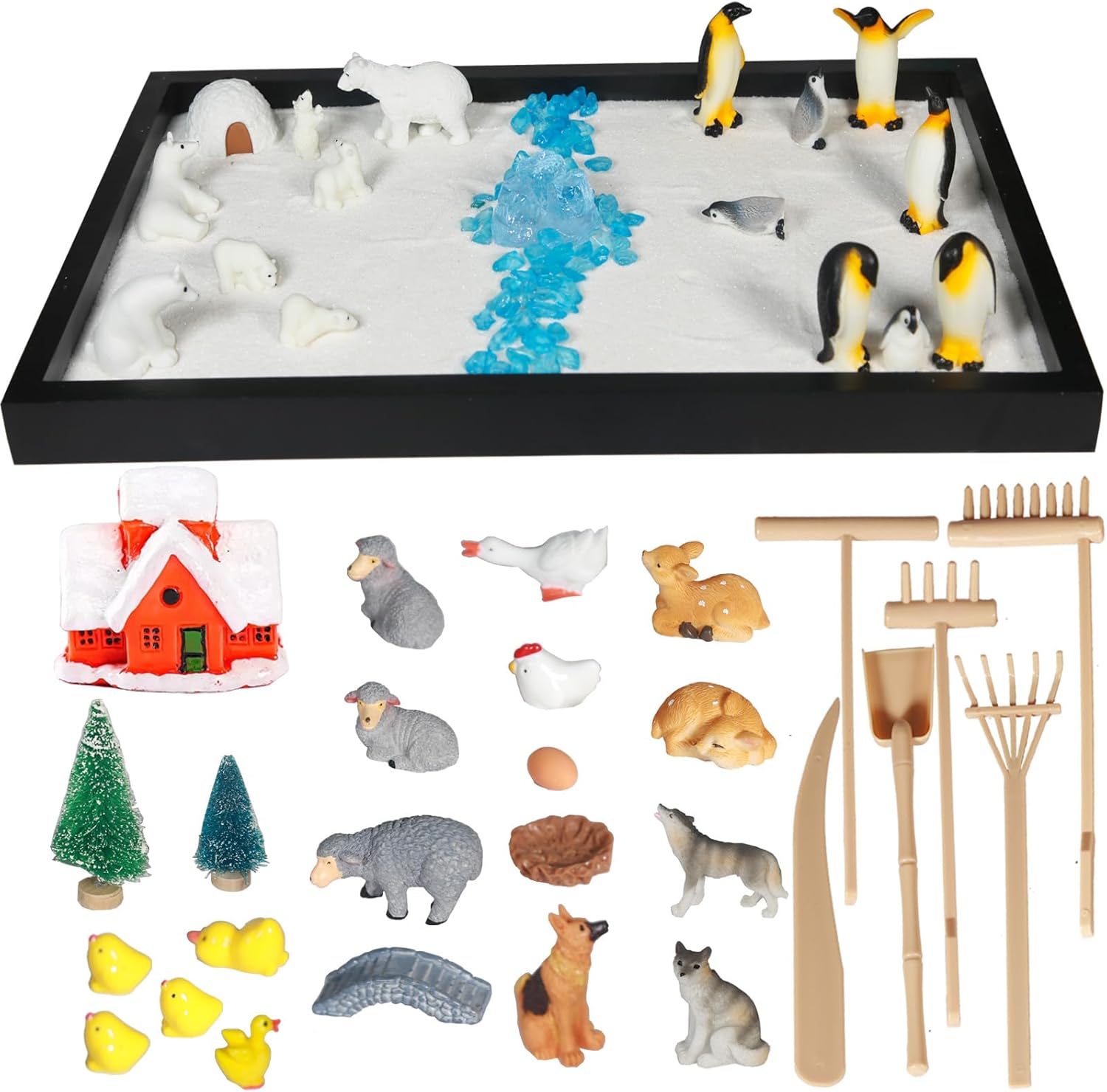 Decorative 47pcs 2-in-1 Penguin & Farm Animals Zen Sand Garden Kit, Mindfulness Relaxation Tabletop Therapy Set for Adults with Miniature Animals, Stress Relief Sandbox for Home Office Meditation