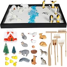 Decorative 47pcs 2-in-1 Penguin & Farm Animals Zen Sand Garden Kit, Mindfulness Relaxation Tabletop Therapy Set for Adults with Miniature Animals, Stress Relief Sandbox for Home Office Meditation
