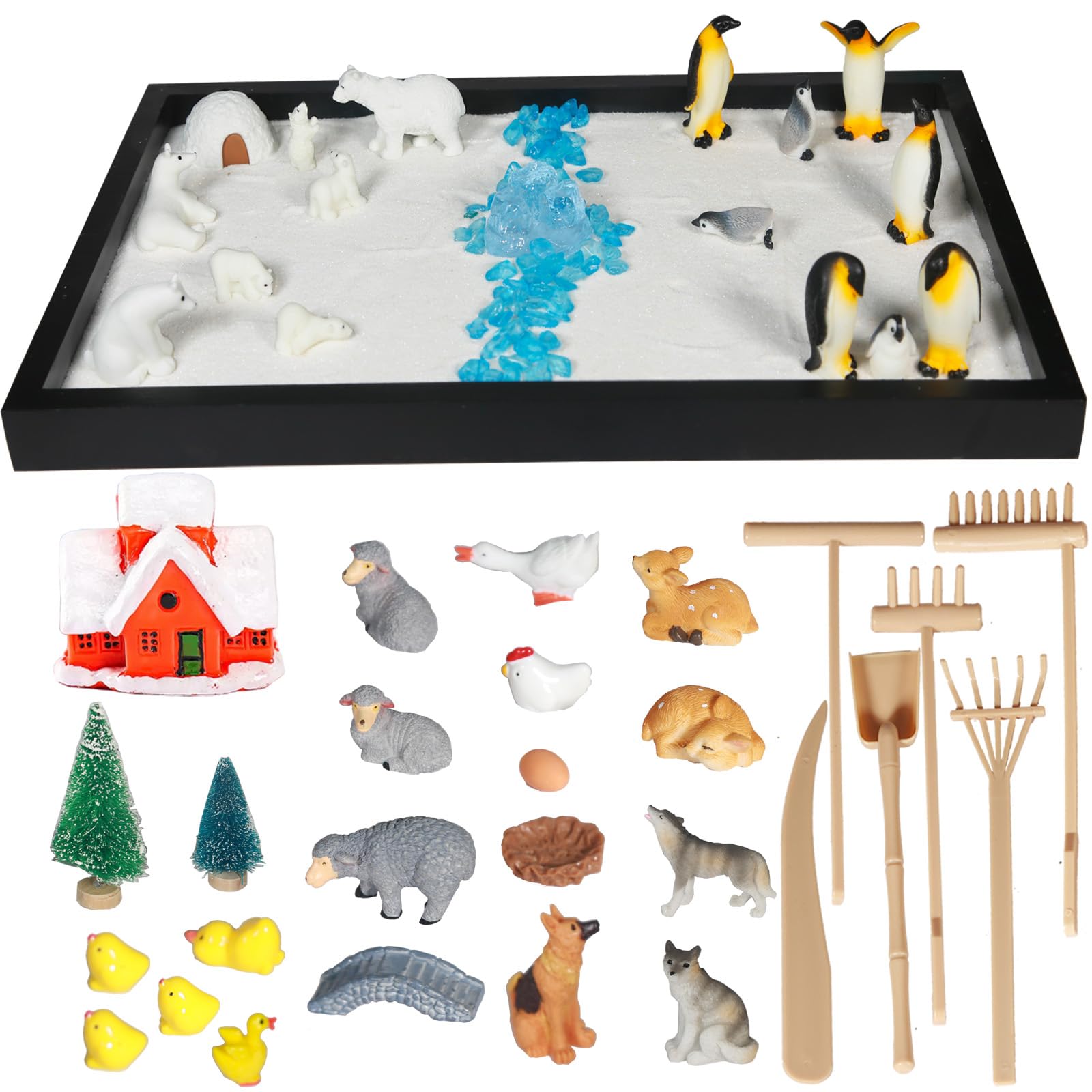 Decorative 47pcs 2-in-1 Penguin & Farm Animals Zen Sand Garden Kit, Mindfulness Relaxation Tabletop Therapy Set for Adults with Miniature Animals, Stress Relief Sandbox for Home Office Meditation
