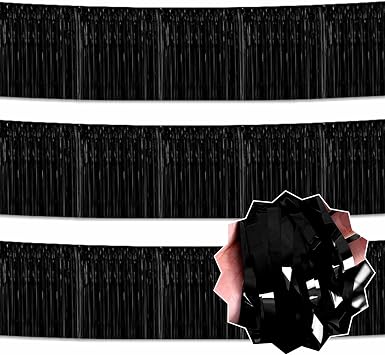 3 Pack 10 Ft Black Foil Fringe Garland Metallic Streamers Tinsel Banner Wall Hanging Garland Backdrop for Parade Floats, Halloween, Christmas, Thanksgiving, New Year Party Decorations