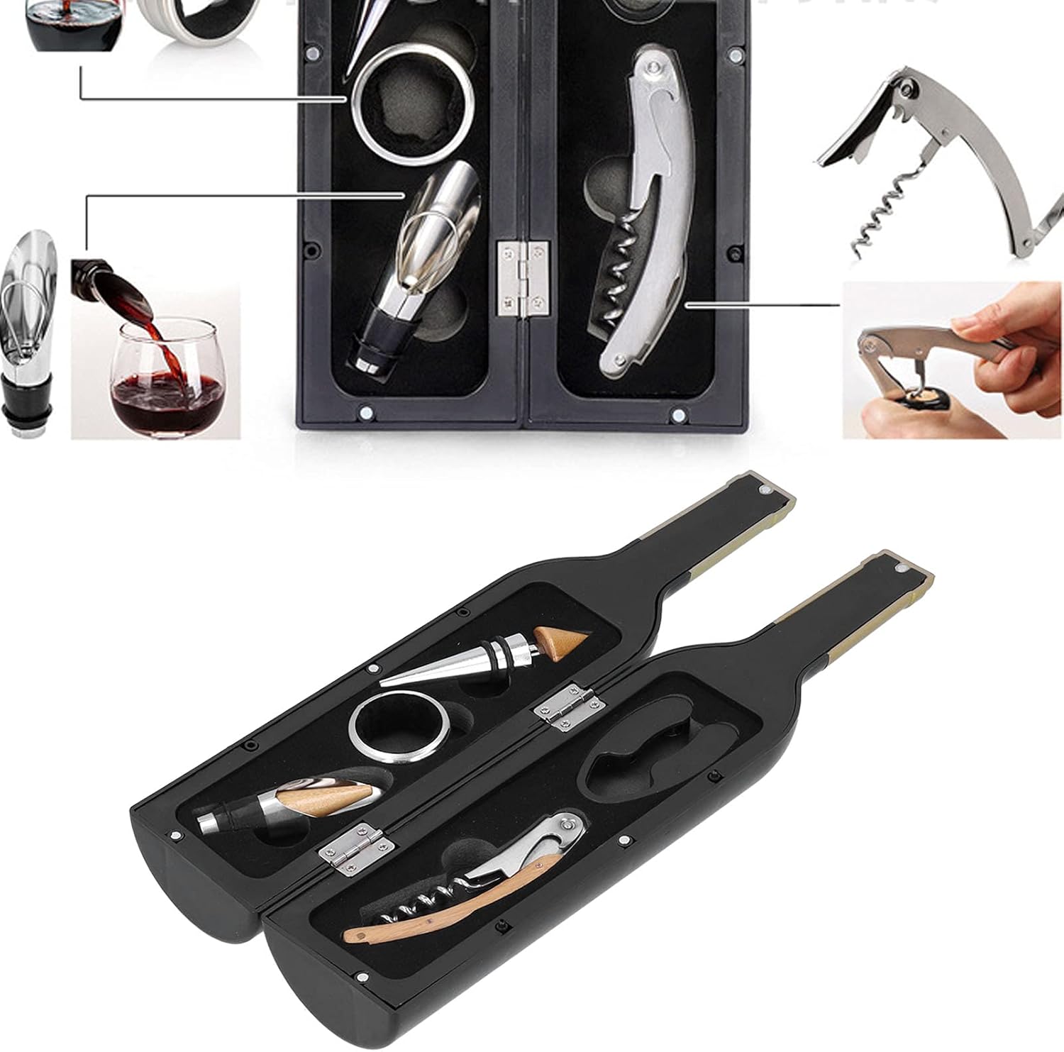 Wine Corkscrew Set with Pourer Stopper Foil Cutter, Black and Gold, Portable and Easy to Use - Ergonomic Design, Complete Wine Tool Kit, Ideal for Home and Bar Use