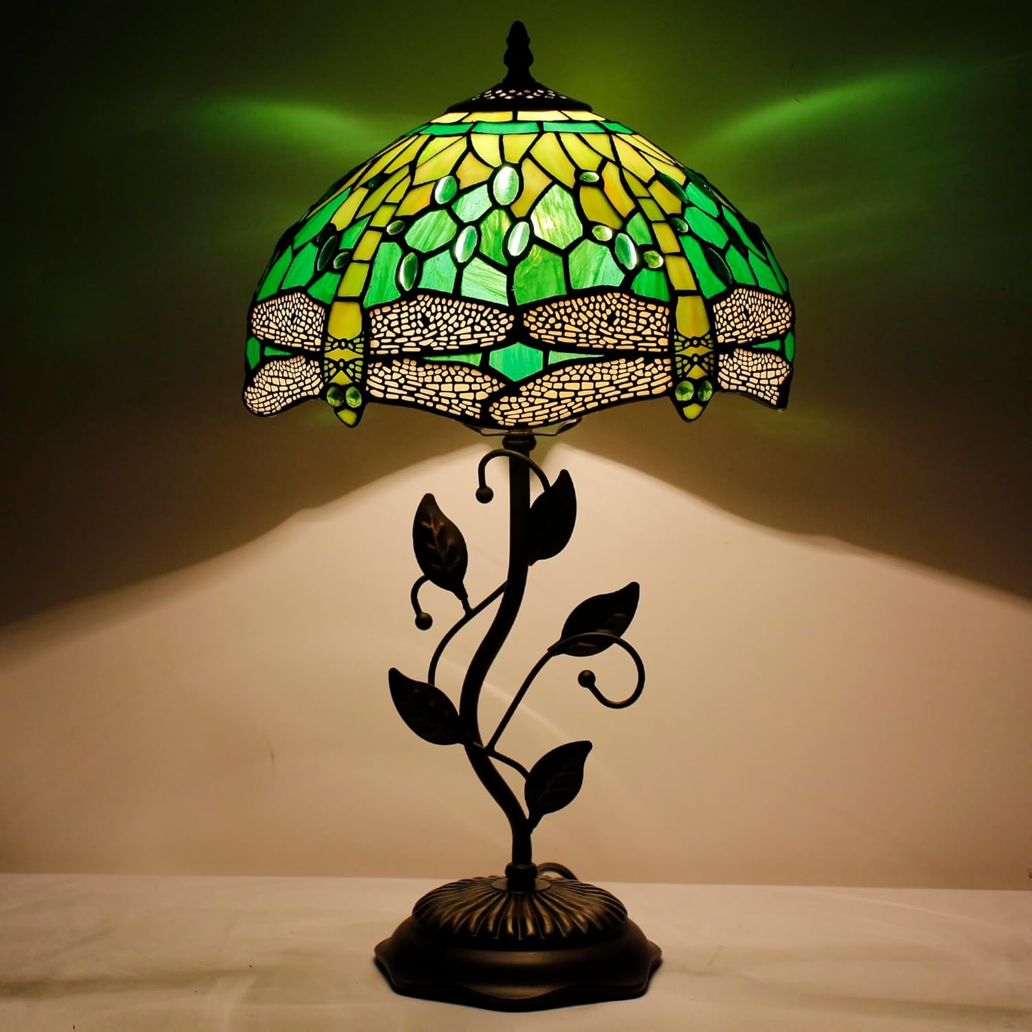 Tiffany Table Lamp Stained Glass Desk Lamp 12X12X19 Inches Reading Light Decor Bedroom Living Room (Yellow Green Dragonfly Style)