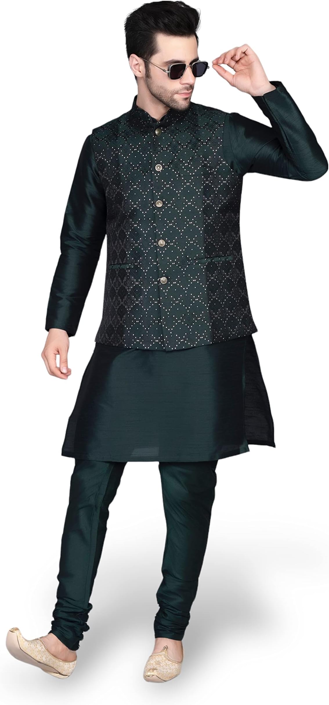 Ethluxis® Men's Silk Blend Kurta Churidar Pyjama with Ethnic Bundi Jacket Set
