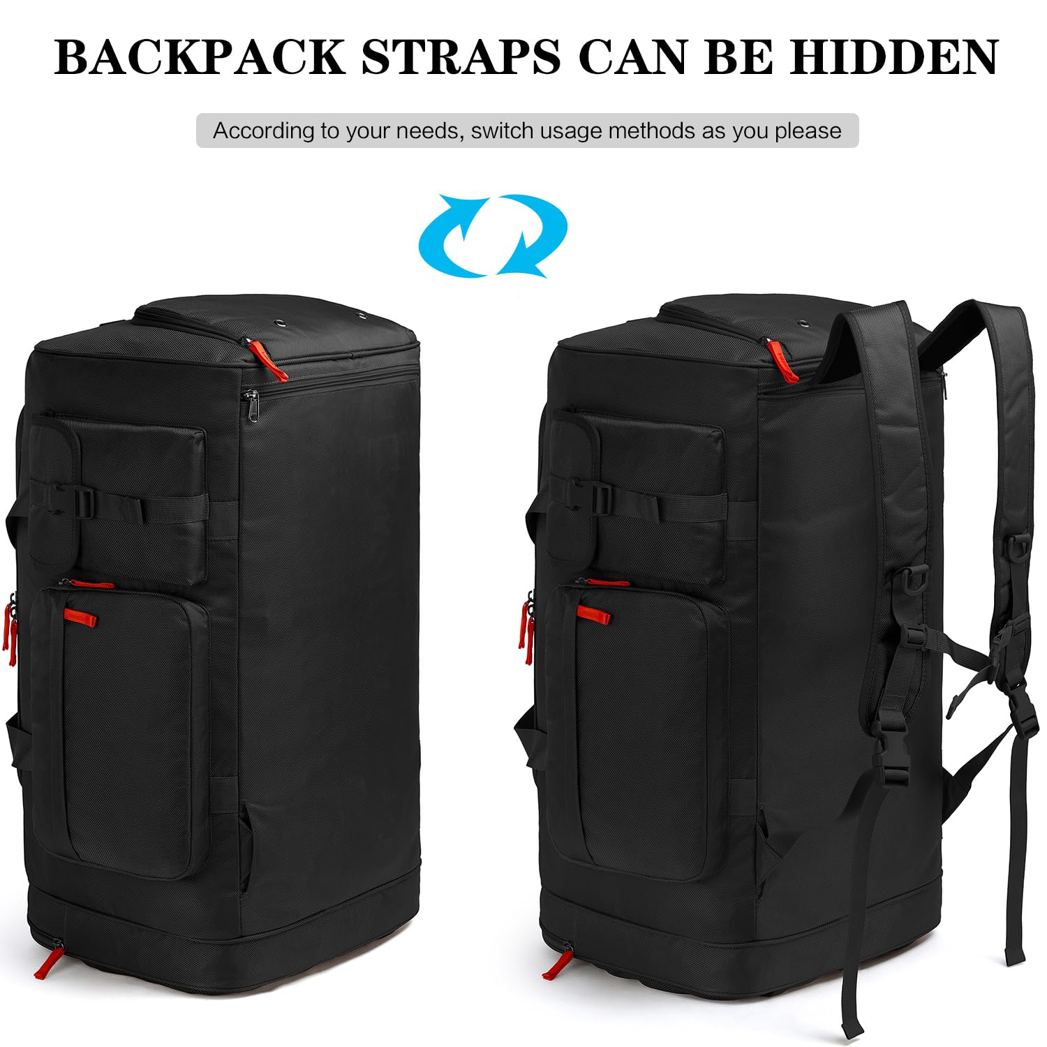Reisetasche Herren 70L Große Sporttasche Weekender Rucksack mit Schuhfach Wasserdicht Trainingstasche Damen Übernachtung Travel Gym Tasche für Reisen, Camping, Fitness, Schwarz