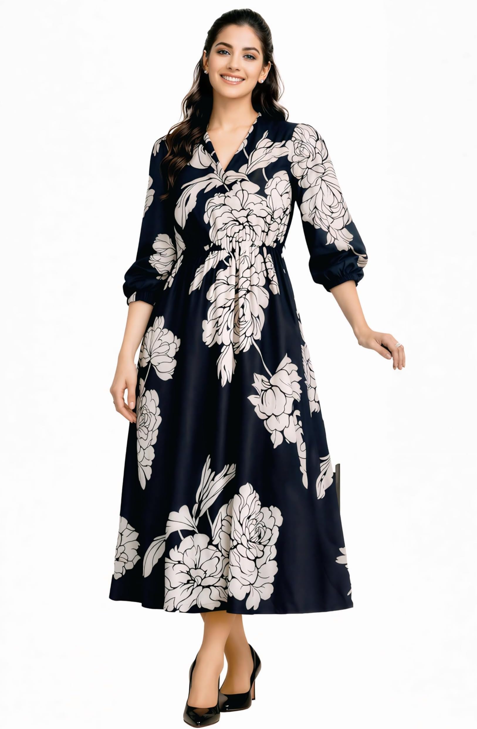 ALIXORY Black Floral Printed Anarkali Dress for Women | Stylish Long Sleeve A-Line One Piece Gown