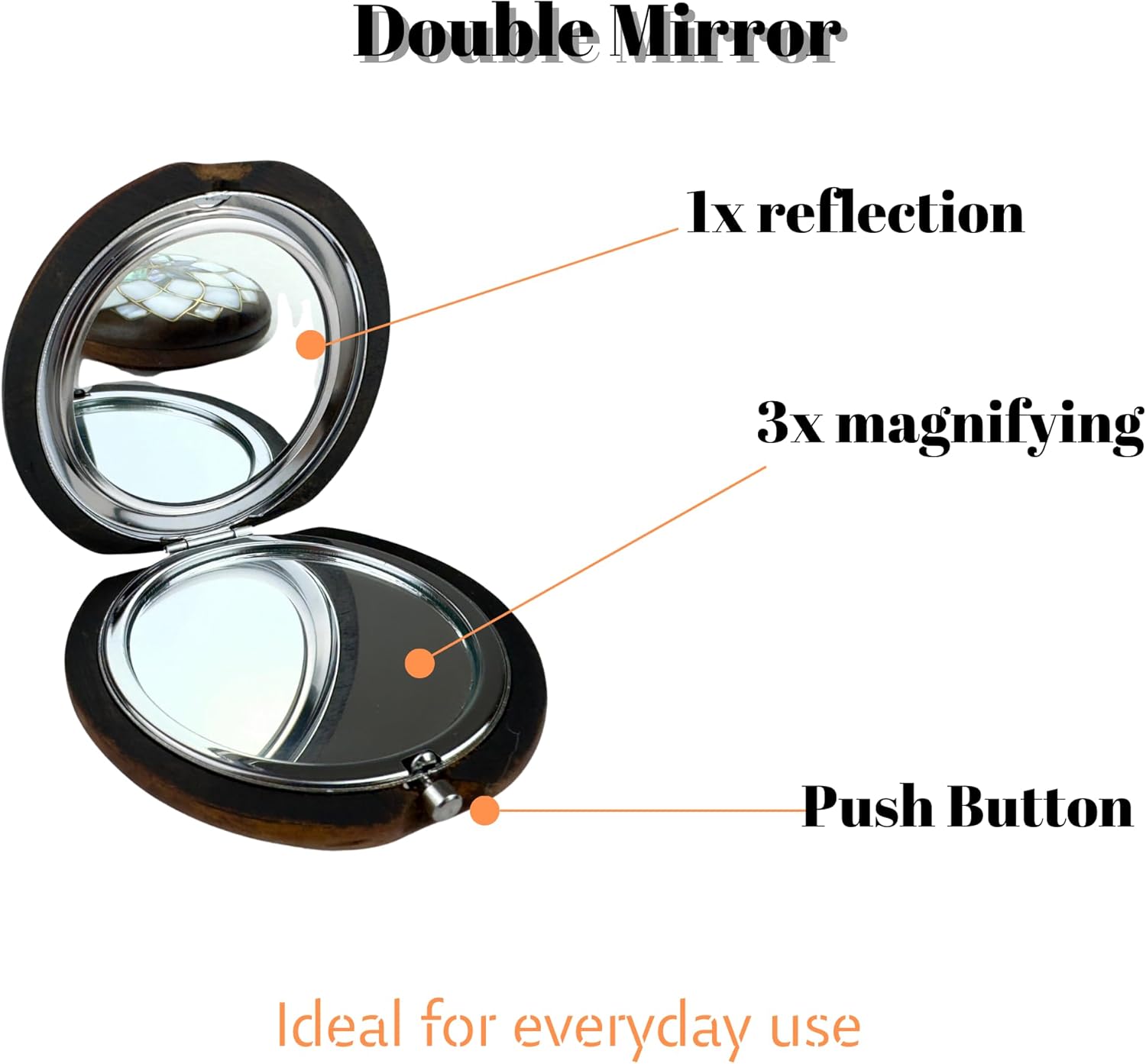 Handcrafted Natural Wooden Compact Mirror, Round Make Up Mirror with Mother of Pearl Inlay- Customized Hand Mirror