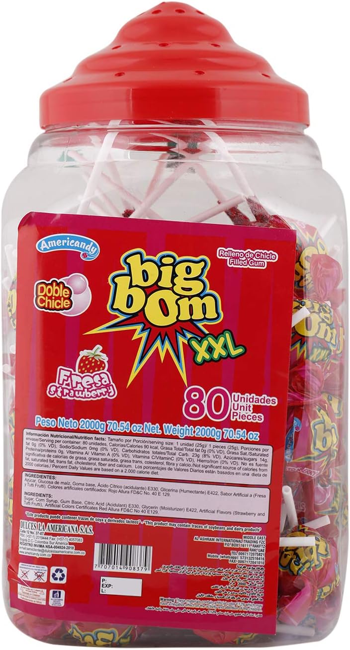 Americandy Big Bom XXL Strawberry Lollipop, 25 gm (Pack Of 80)