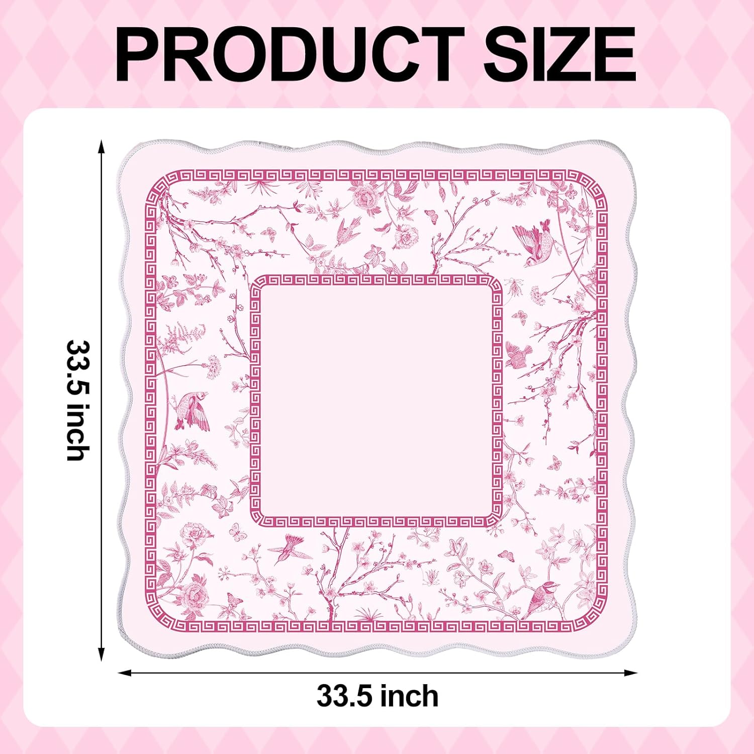 33.5x33.5 Inch Square Mahjong Mat for Table Domino Rubber Standard Scalloped Edges Chinoiserie Mahjong Mat Anti Slip Playmat for Poker Mah-Jong Board Dominoes Card Games(Pink)