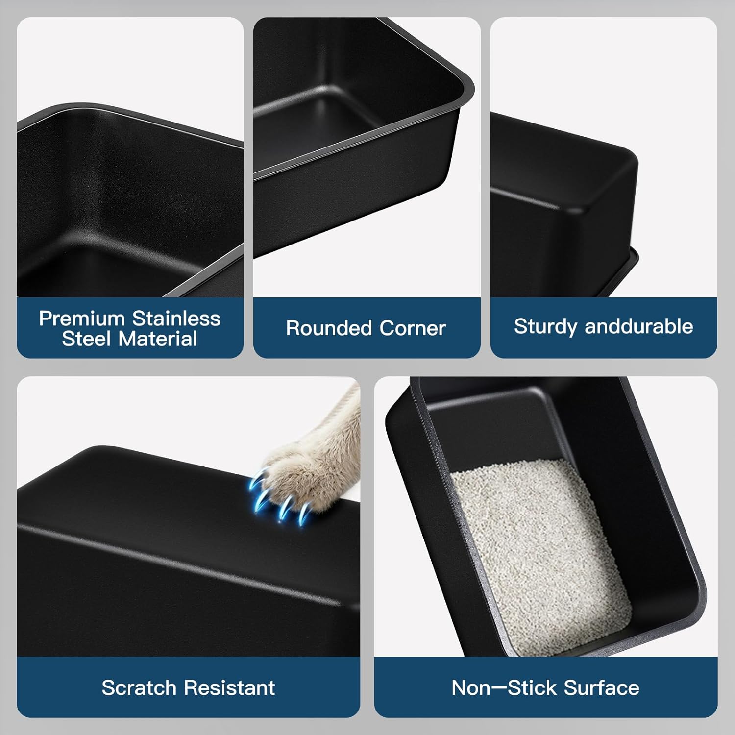 Steel Litter Box - High Sided Metal Cat Litter Box Pan,Non-Peeling Black Paint Coating Inside & Outside, Easy to Clean Non Stick Cat Litterbox Tray Toilet Pet Supplies for Indoor Kitty, Puppy, Kitten
