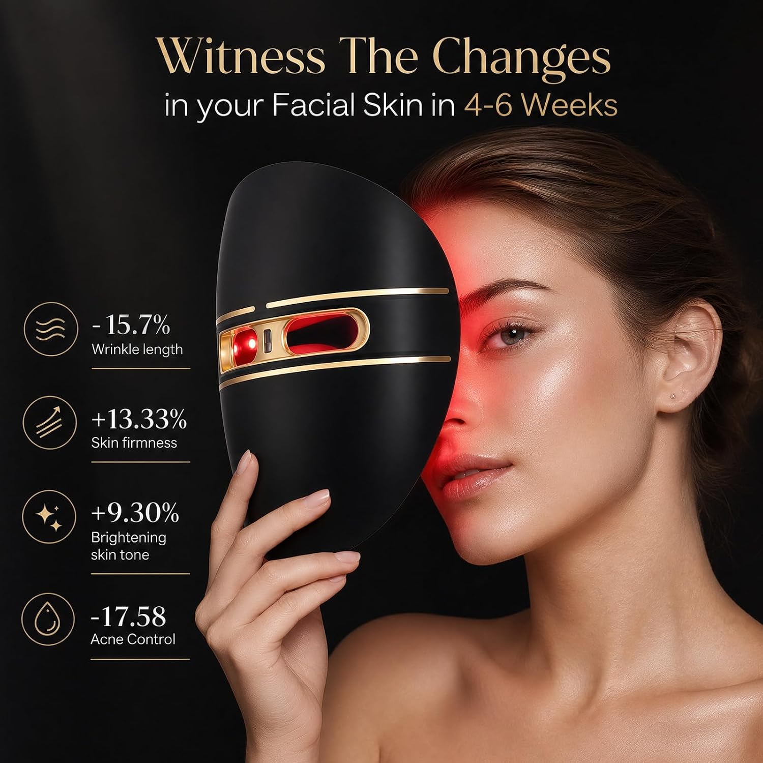 Red Light Therapy Mask, FSA-HSA Eligible Cordless LED Facial Therapy Mask 4 Light Modes for Facial Anti-aging, Wrinkle Removal, Acne Removal, Suitable for Daily Care 2000mAh Rechargeable Black
