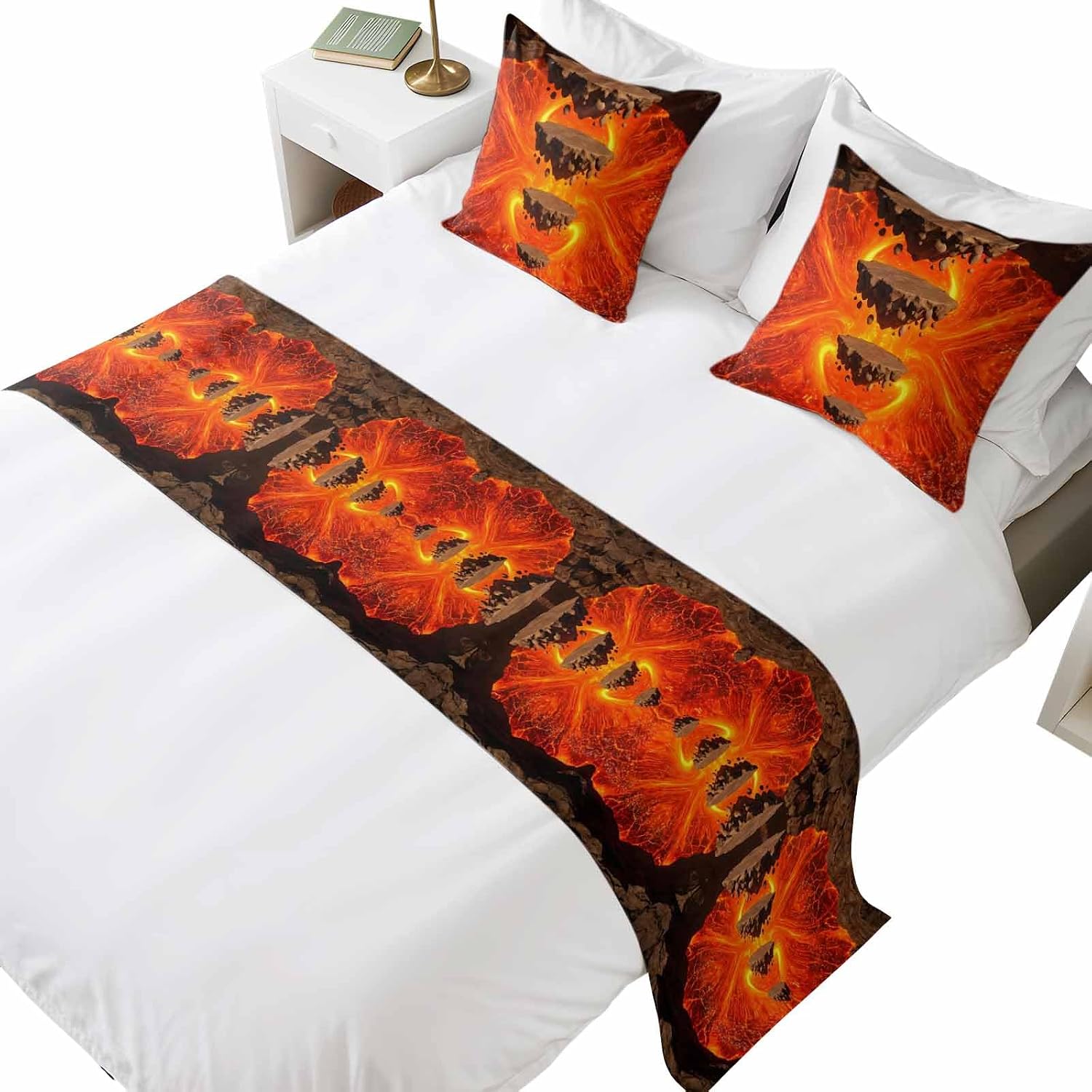Abstract Floating Rocks Bed Runners for Full/Queen Size Bed, Red Lava Modern Minimalist Artistic Bedroom Hotel Bedding Scarf Protector Beds Scarves Throw for Foot and Pillowcase Set 18x18in