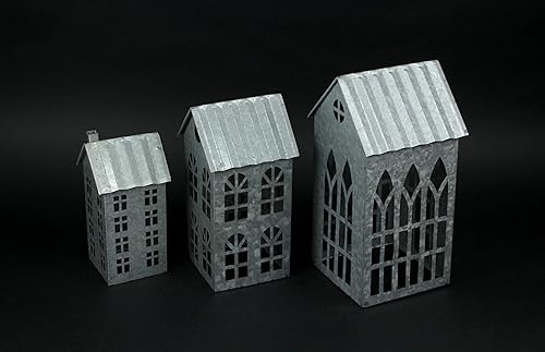 Miniatura 3 de Juego de 3 portavelas votivos de gran tamaño con forma de casa de campo de Navidad galvanizado de metal gris galvanizado - Perfecto para decoración