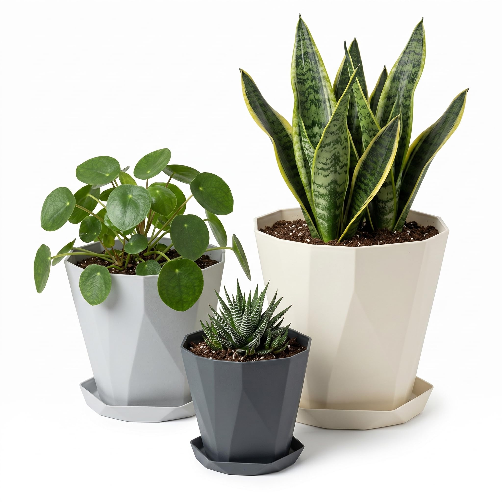 Blumentopf 3er Set mit Drainage & Untersetzer – Stein-Optik matt