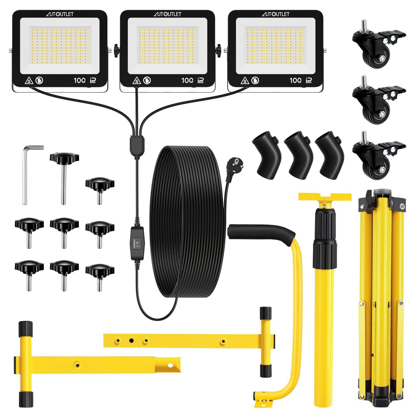 AUTOUTLET Baustrahler LED mit Rollstativ 300W, 3000K/5000K/6500K & 5M Kabel | 27000LM Baulampe mit Feststellbremse, 118-174cm Höhenverstellbar Stativ, IP66 Wasserdicht, Abnehmbar, für Garage Baustelle