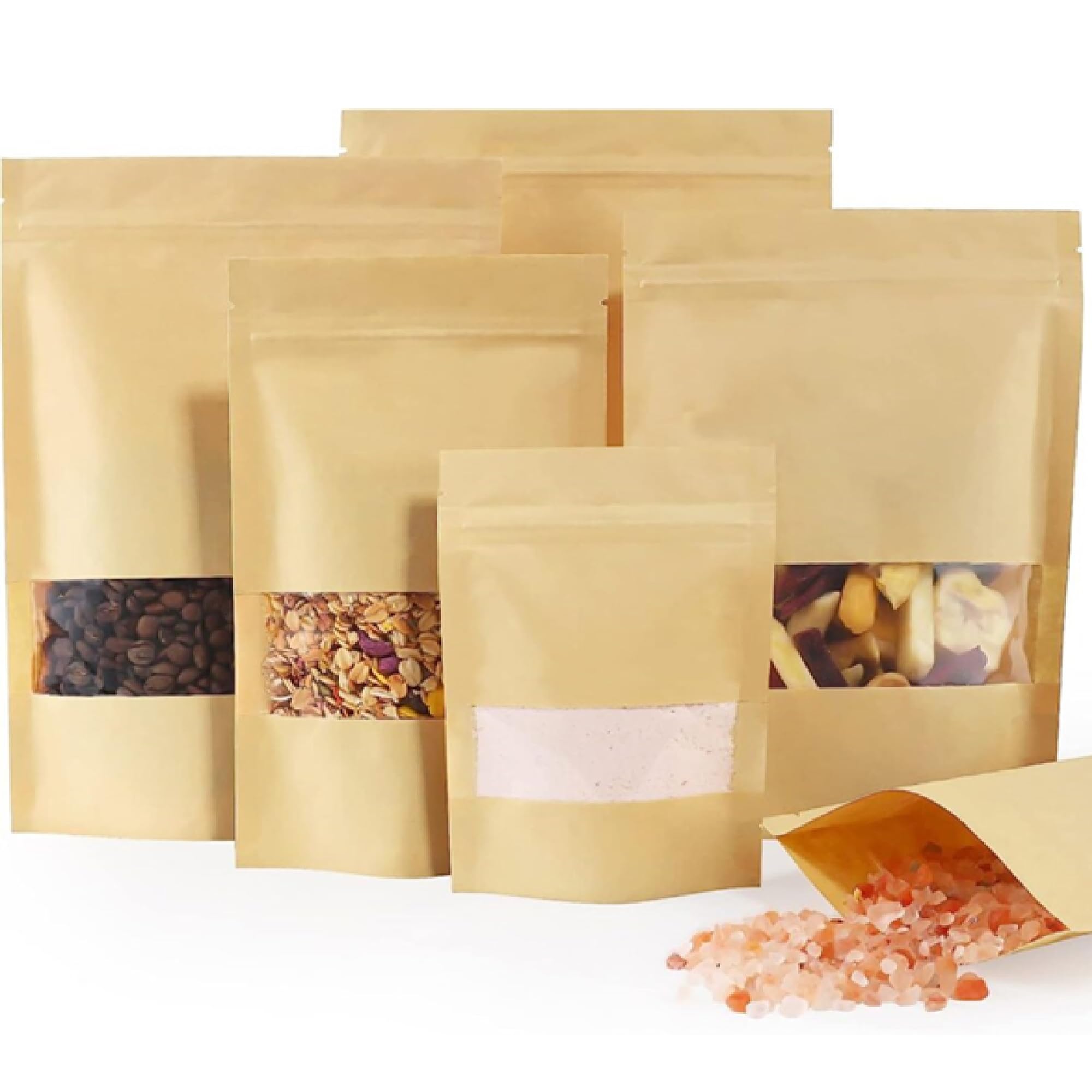 Rynli Kraft Paper Packaging Bags with Window 14x22cm - Pack of 100, Resealable Ziplock Food Storage Pouches, Sealable Brown Kraft Bags for Nuts, Tea, Coffee, Candy, Snack & Dry Fruits