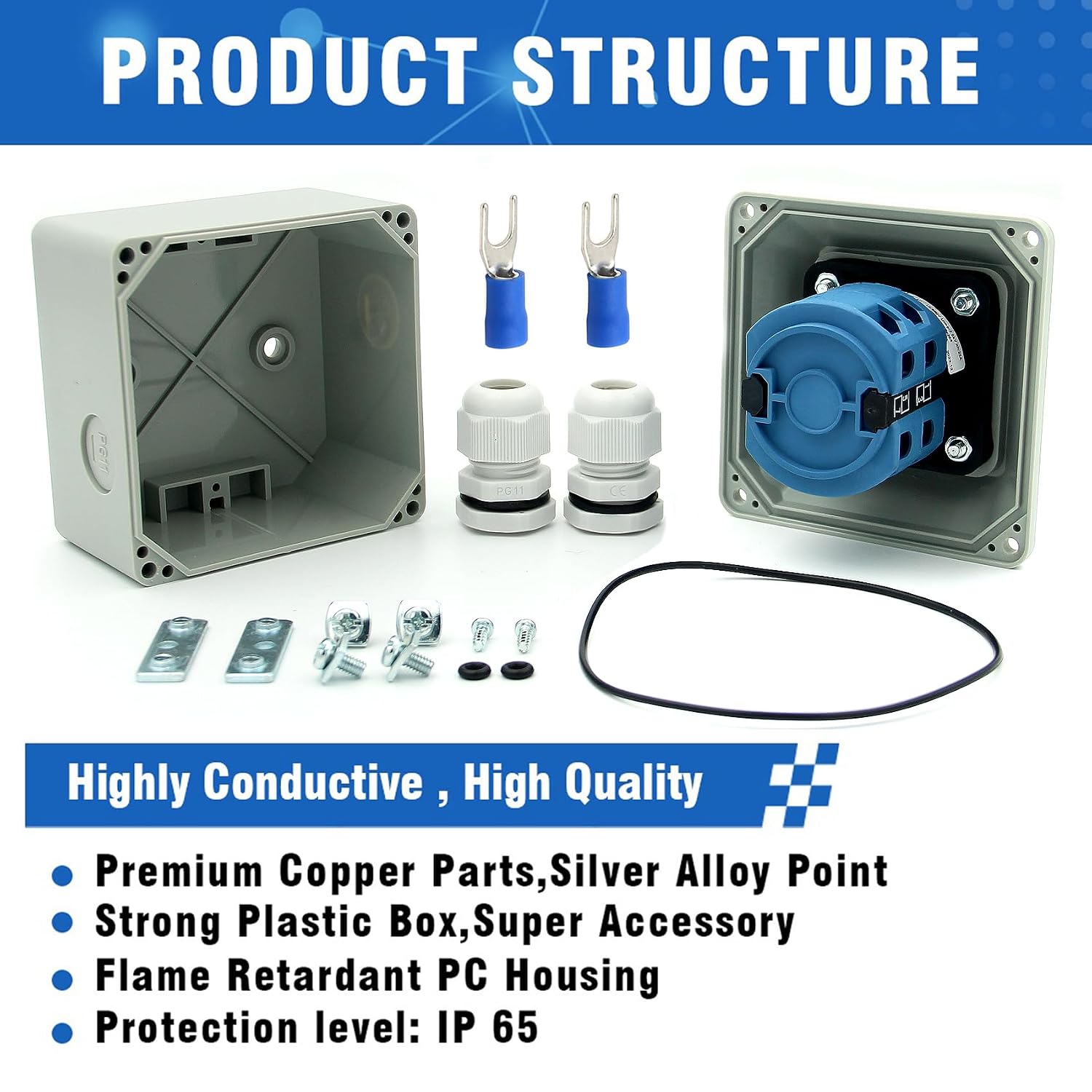 25A Rotary Changeover Switch with Exterior Box for Solar Power System, 3 Position 2 Phase 8 Terminals, 2-Way 2NO 2NC Universal Selector Switch 25/D202.2D