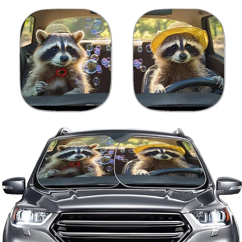 Protetor solar para para-brisa automotivo com estampa de guaxinim, refletivo e dobrável Howilath, kit com 2 peças