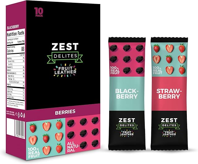 Zest Delites Fruit Leather Snacks, Gluten Free Vegan Healthy Snacks for Adults and Kids, Variety Snack Pack, 0.88 oz (Pack of 10) Berries Mix; Strawberry and Blackberry Fruit Bars