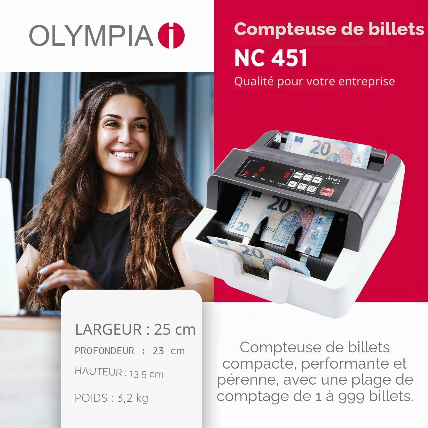 Olympia NC 451 Compteuse de billets et détecteur de faux billets pour tous les billets | Capteurs UV MG | 1000 billets/min | Fonction d'addition | Écran LED | Compteur de billets | Détecteur de