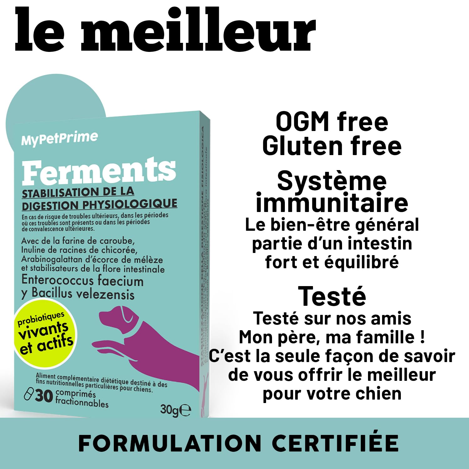 MyPetPrime Ferments Lactiques Chien 6,5M UFC - 60 CPR Probiotiques - Formule Vétérinaire - Système Digestif, Système Immunitaire, Antioxydant.