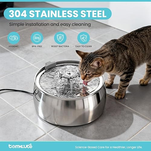 Miniatura 3 de Tomxcute Fuente de agua para gatos, 4.0L135 onzas, diseño de fuente de acero inoxidable, bomba ultrasilenciosa y 3 filtros de repuesto para gatos,
