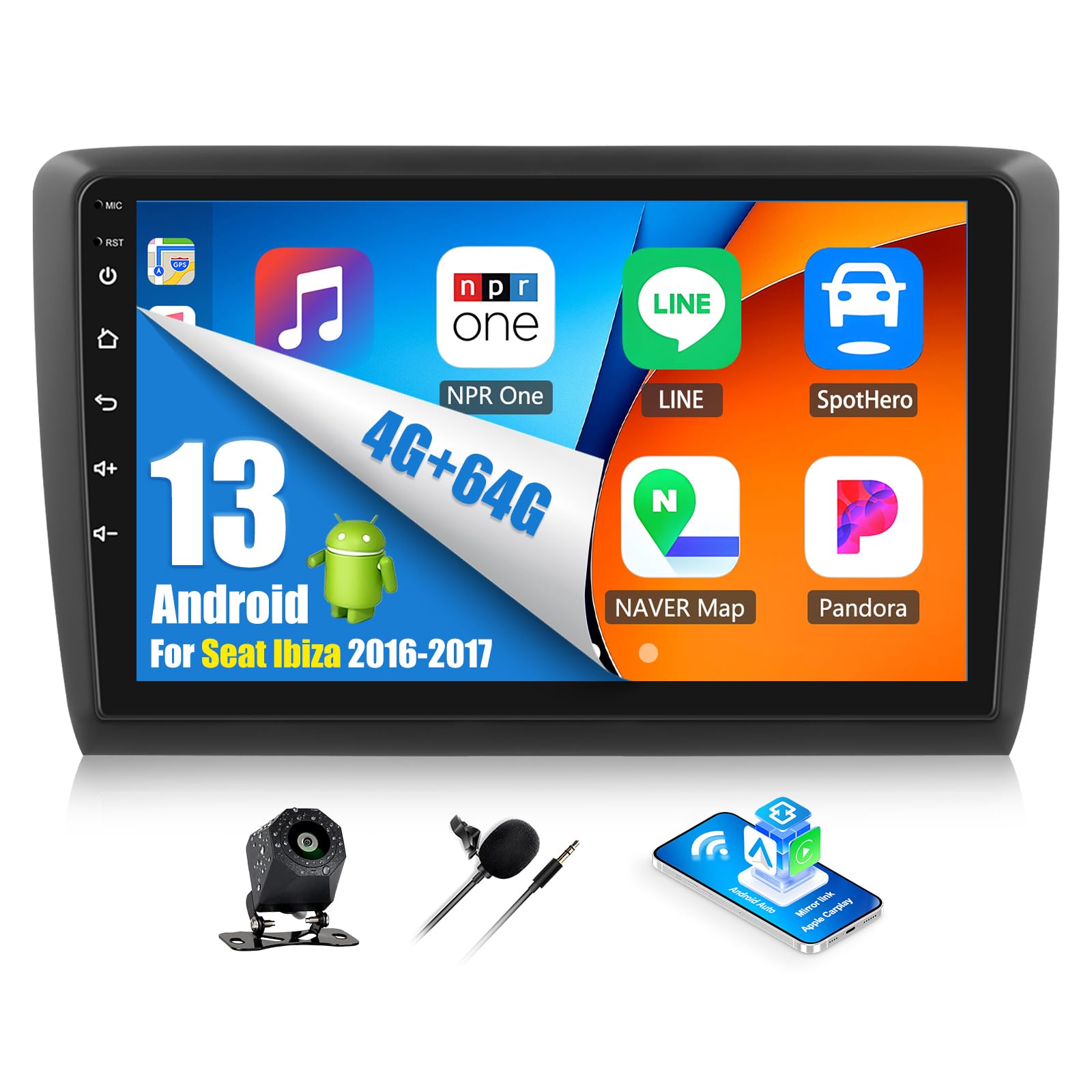 OiLiehu 4+64G Android 13 Autoradio para Seat Ibiza 2016-2017 CarPlay Android Auto Pantalla Radio Coche 9 Pulgadas Mirror Link Bluetooth FM RDS GPS WiFi Cámara de Visión Trasera