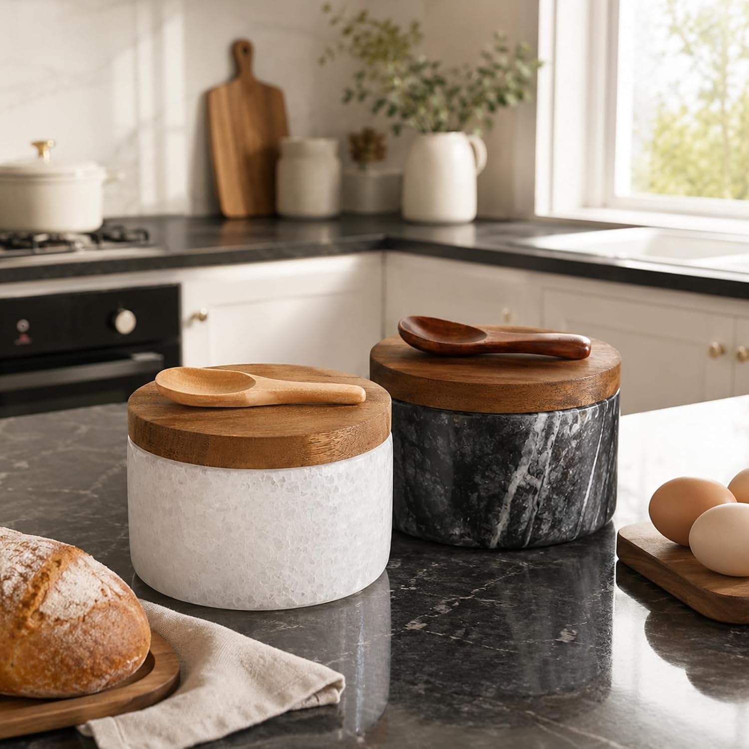 ASelected 2PCS Marble Salt Cellars 3.9x2.3in with Acacia Wood Lid and Spoon