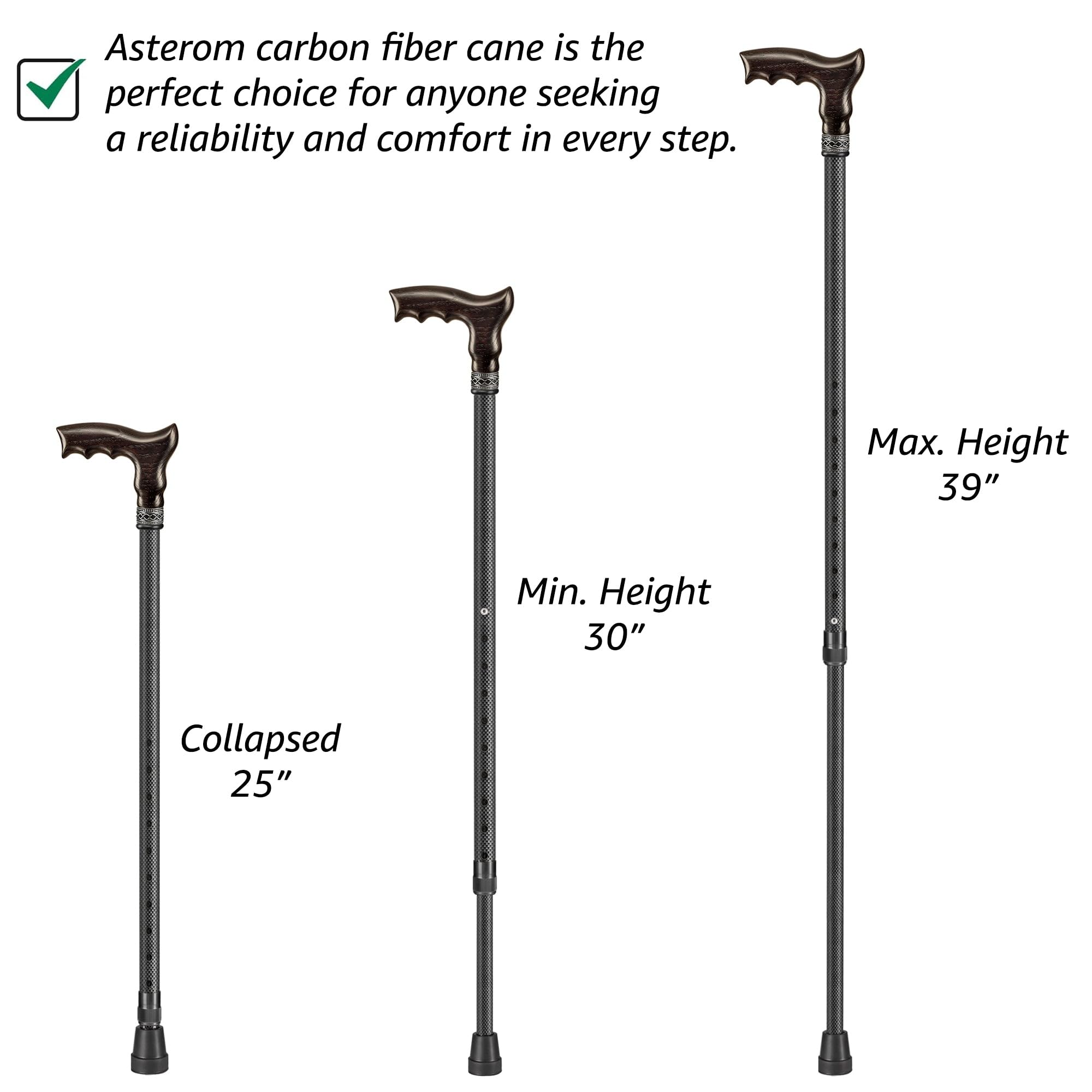 Asterom Bastón ajustable de carbono para hombres y mujeres, mango ergonómico de madera hecho a mano con eje ligero de fibra de carbono