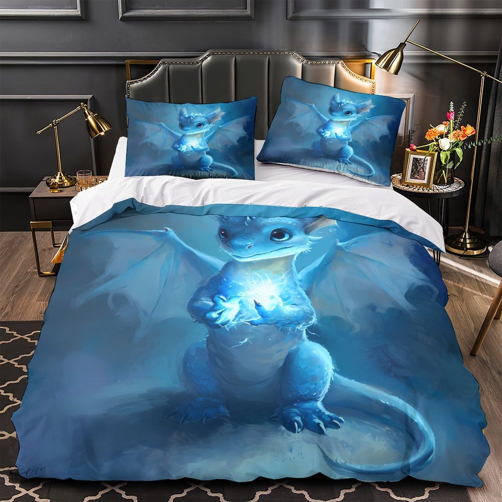 MMDASBVPE Blue Dragon Baby Quilt Cover 3D Design Printed Machine Washable 3 Pcs Bedding Set Zipper fantasy Duvet Cover Ultra Soft Hypoallergenic for Kids Adults Women Teens Youth King（220x240cm）