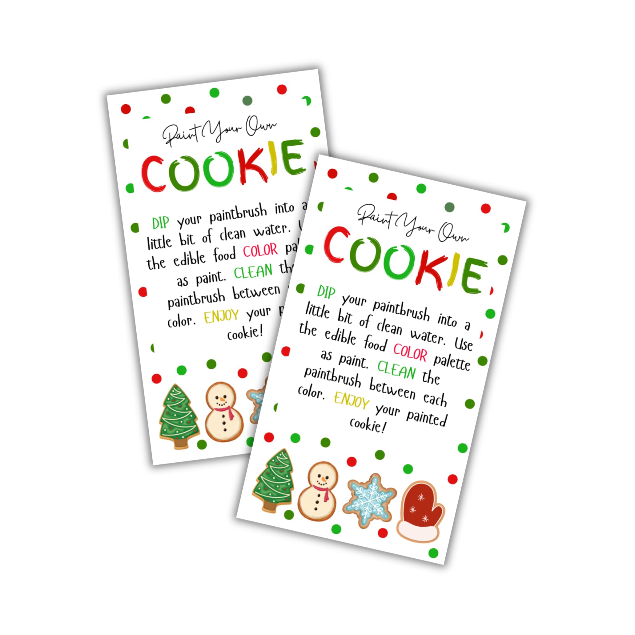 Paint Your Own Cookie Instruction Cards 50pk 3.5x2” for Christmas Holiday Sugar Cookies DIY Decorating Kit Bakers Care Bulk Guide Clients Food