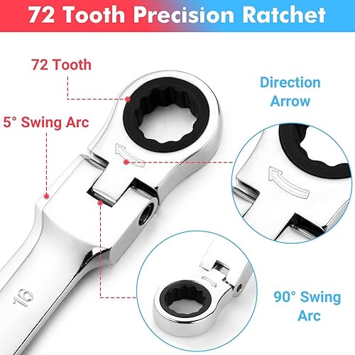 Miniatura 7 de Towallmark Juego de llaves de trinquete, 14 piezas, juego de llaves métricas de cabeza flexible, combinación, SAE 516 "-1116" y métricas 0.315-0.630