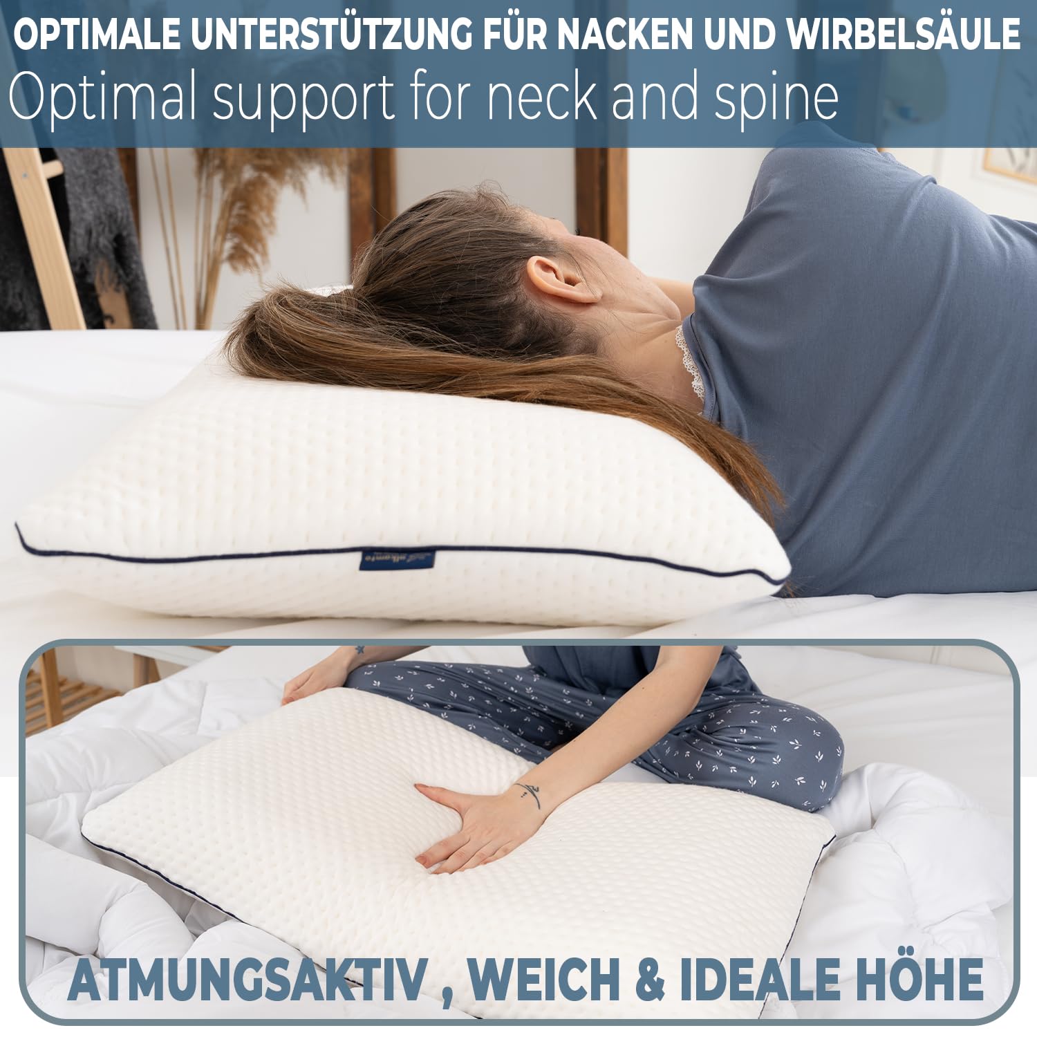 alkamto Cuscino in memory foam, 70 x 45 cm, ergonomico, certificato Oeko-Tex, rivestimento termoregolante, ipoallergenico e lavabile, per chi dorme sulla schiena e sul fianco (70 x 45 x 12 cm)