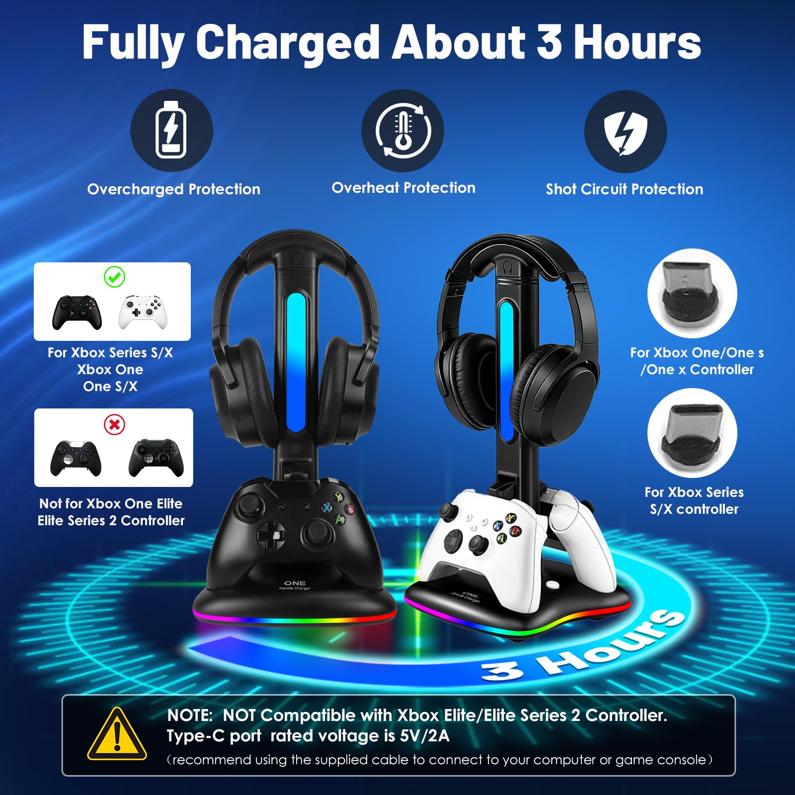 Ładowarka kontrolera ze stojakiem na słuchawki RGB do Xbox Series X/S/One,/One S/X, stacja ładująca kontroler XSX, zestaw słuchawkowy i kontrolery stojak uchwyt do Xbox, prezenty dla graczy