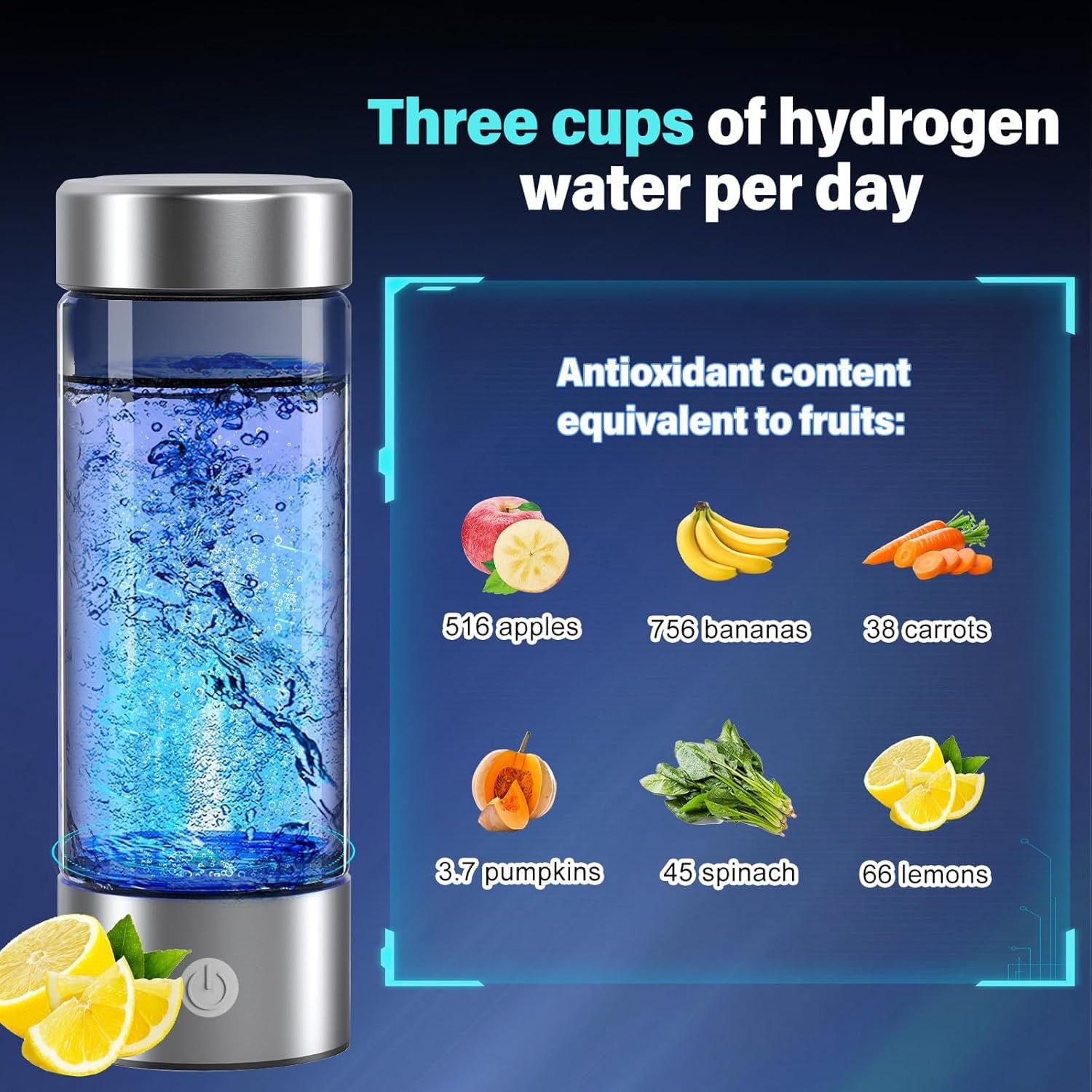 14 oz Portable Hydrogen Water Bottle Generator with PEM-SPE Technology, USB Rechargeable Hydrogen Water Ionizer Cup, Produces up to 3000 ppb Hydrogen in 3 Minutes for Home, Gym, Office & Travel